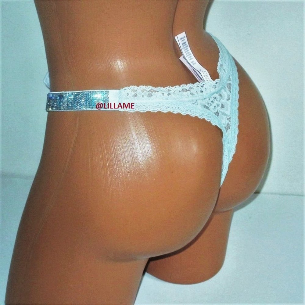 Victoria's Secret Shine Strap Lace Thong Panty L Aqua Blue Rhinestones nwt
